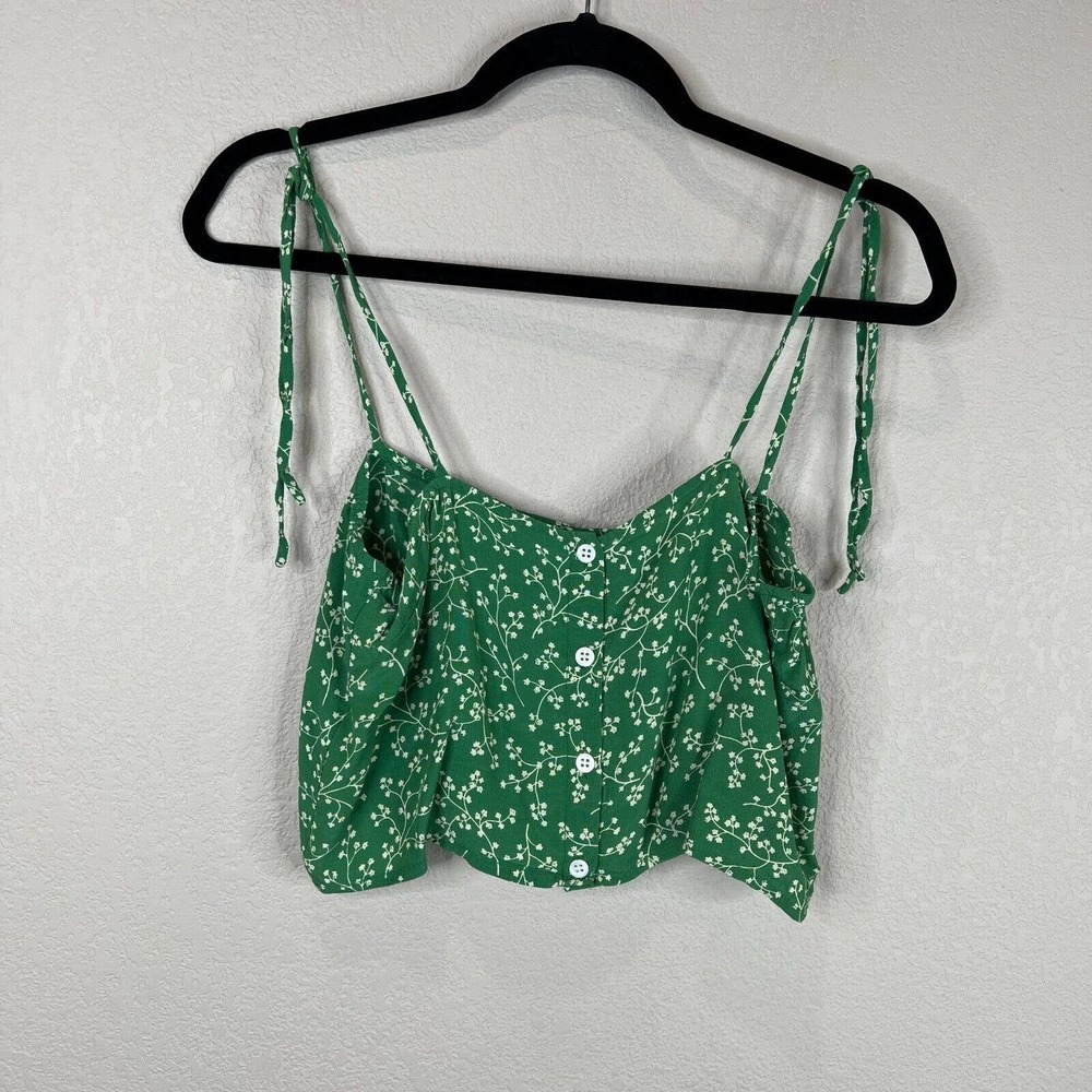 Faithfull The Brand Women Floral‎ Button Front Cropped Blouse Top Green Size 4